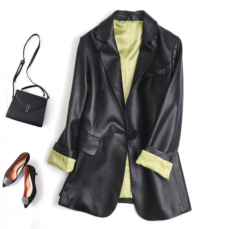 Texture good soft sheepskin leather garment women's short section slim dress collar coat