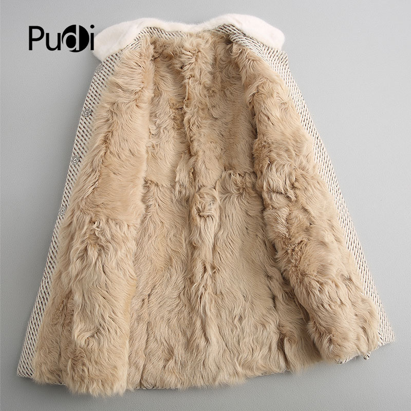 A68247 Women Herringbone wool belt coat mink fur collar lamb fur lining jacket overcoat winter warm 