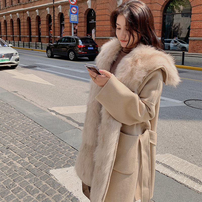 Handmade Real Wool Coat Winter Warm Double Face Cashmere Coat Women With Fox Fur Trim