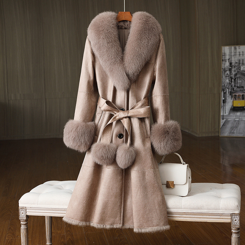 OEM Elegant Fur One Long Fox Collar Women'S Luxury Fur Coat Natural Real Mink Coat