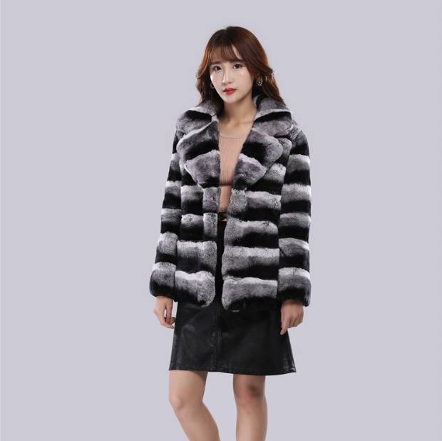 Luxury Fashion Rex Collar Coat With Long Sleeve Thick Warm Fur Winter Women Real Chinchilla Fur Coat