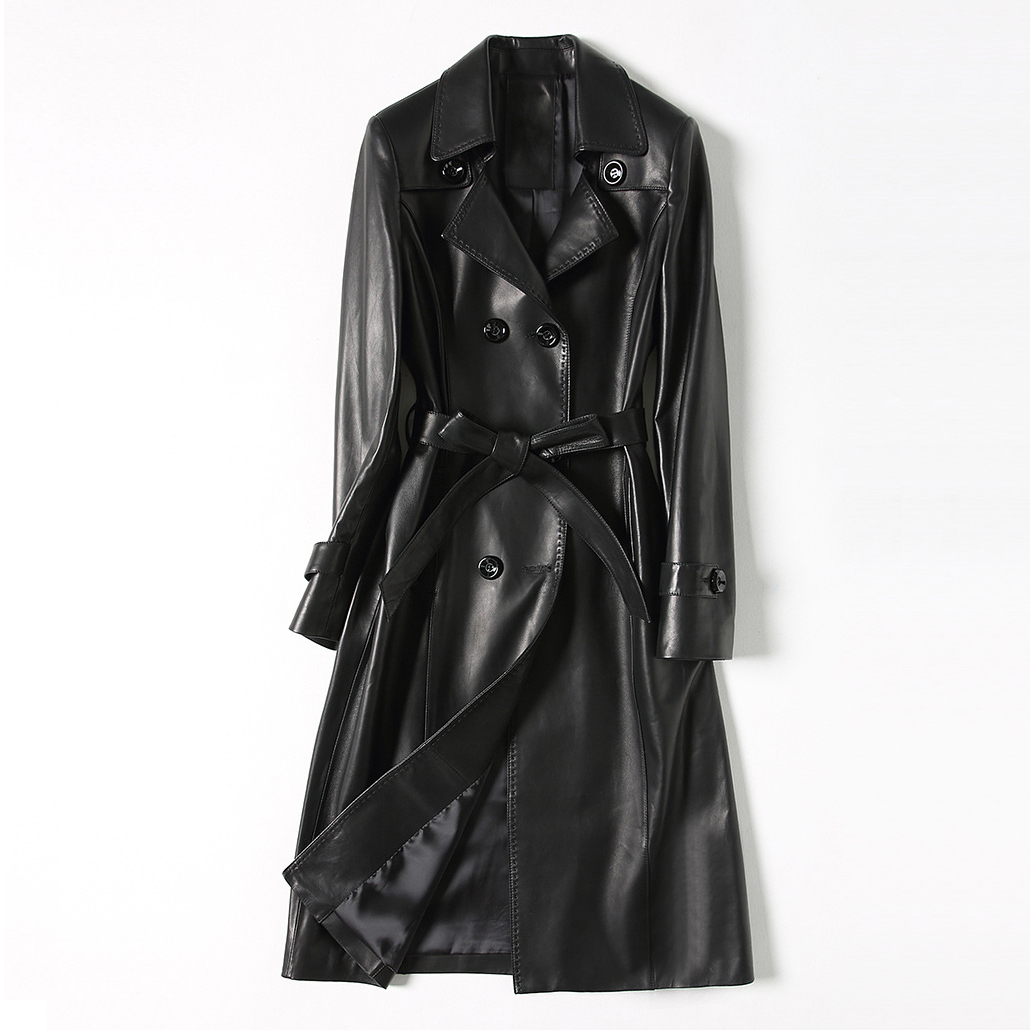 Women's Leather Trench Coat Long Leather Jacket