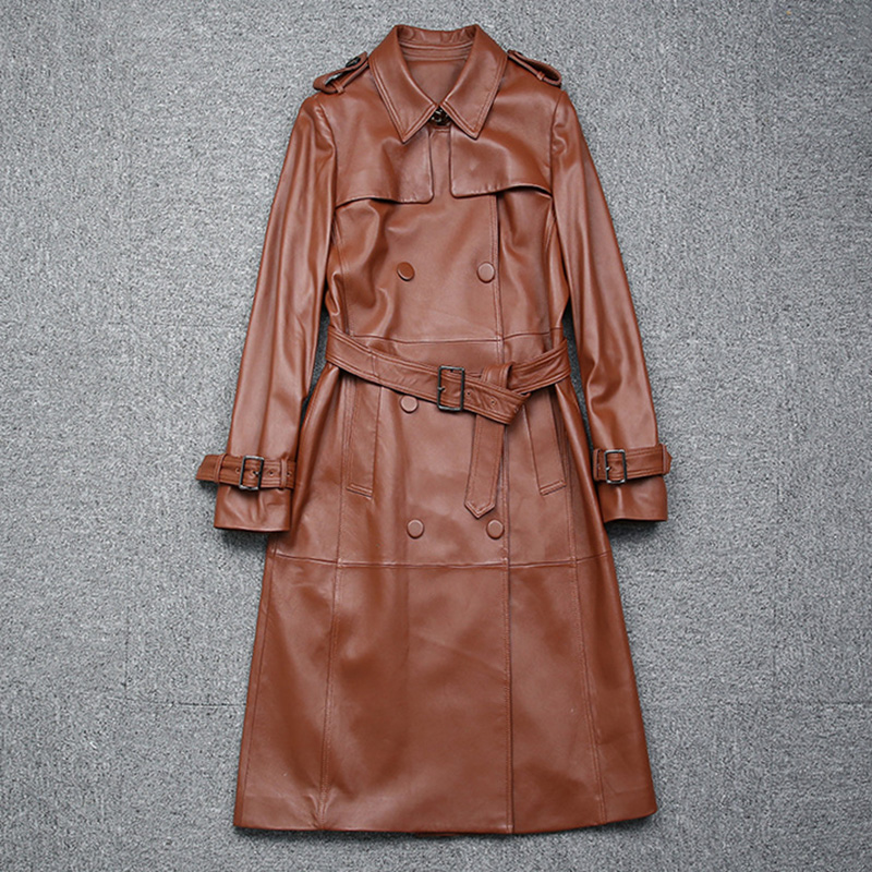 2022 Black Sheepskin Leather Jacket Double-Breasted Long-Sleeve Belted Lapel Collar Trench Coat Wome