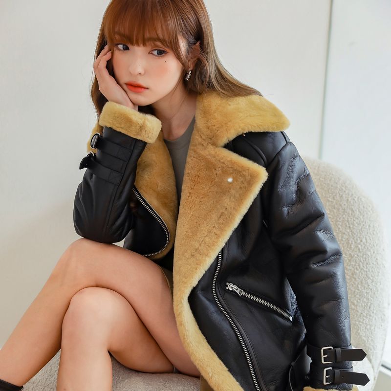 Warm Winter Overcoat Outwear bomber women leather jacket can custom red and white fur hood  black le