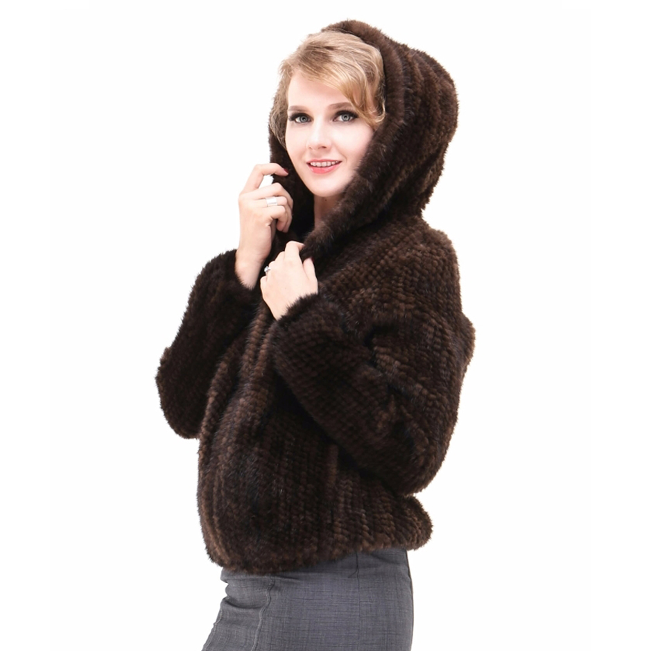 Real Knit Mink Fur Jacket For Women Plus Size Hooded Natural Mink Fur Coat Short Slim Real Fur Coat