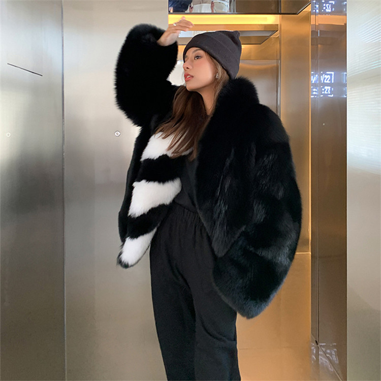 Fashion black fox fur coat women's mid-length winter coat warm and slim