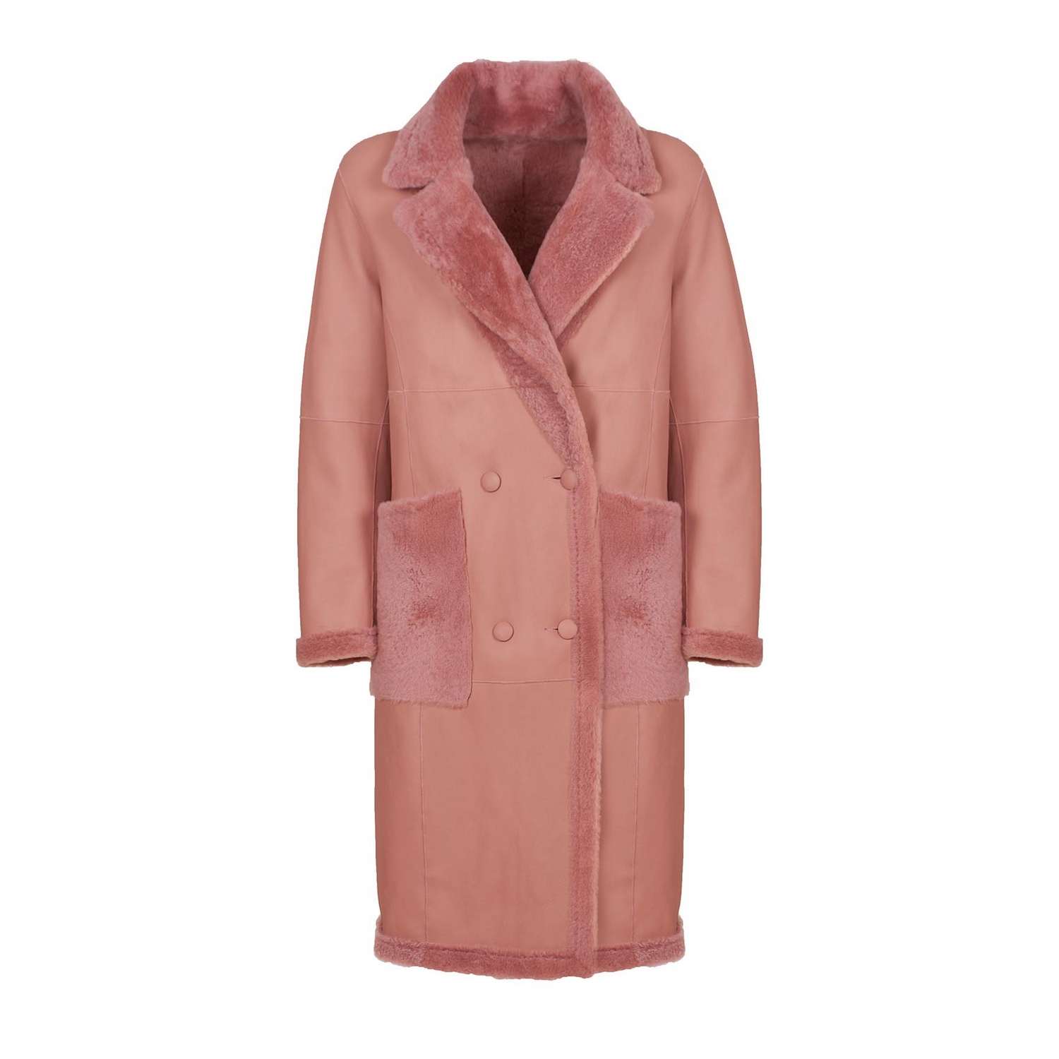 Luxury made in Italy genuine leather double-breasted reversible pink shearling coat with lapel colla