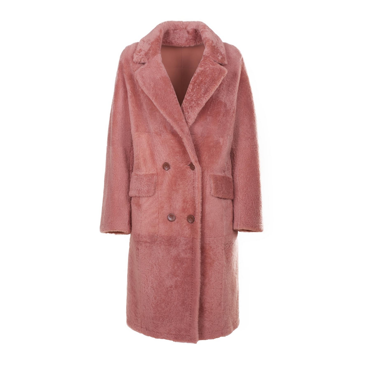 Luxury made in Italy genuine leather double-breasted reversible pink shearling coat with lapel colla