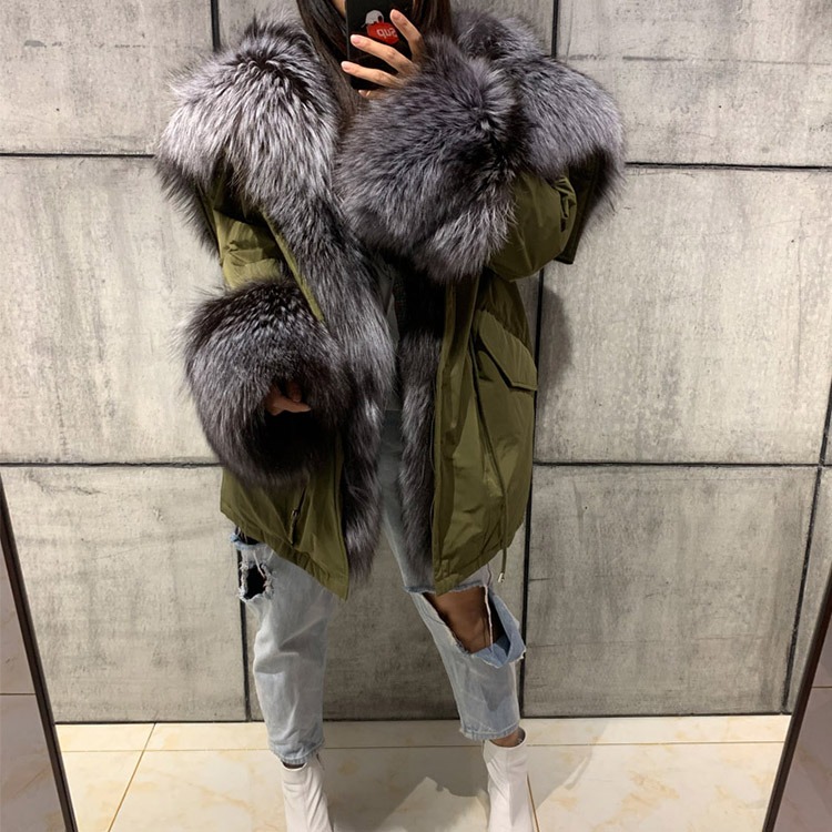 Women's winter thick real raccoon fur parka ladies natural fox fur coat