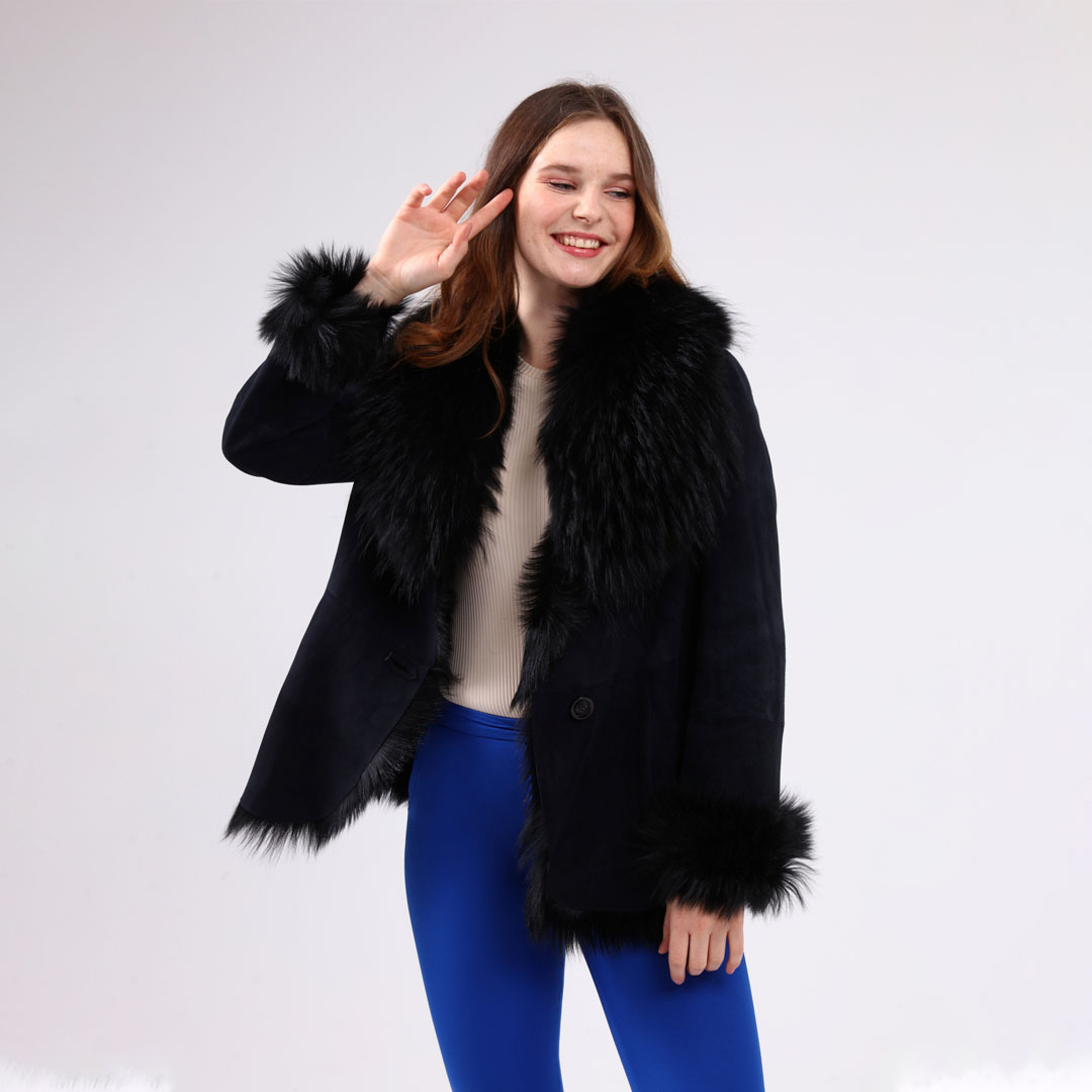 Genuine Leather Navy Blue Women's Suede Leather Coat  973-1 New Season Luxury Autumn Winter Best Qua
