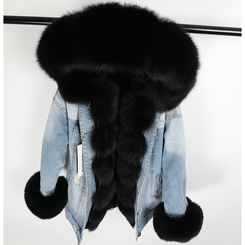 oversize jean fur jacket women real fox fur parka coats with detachable long fox fur collar women fa