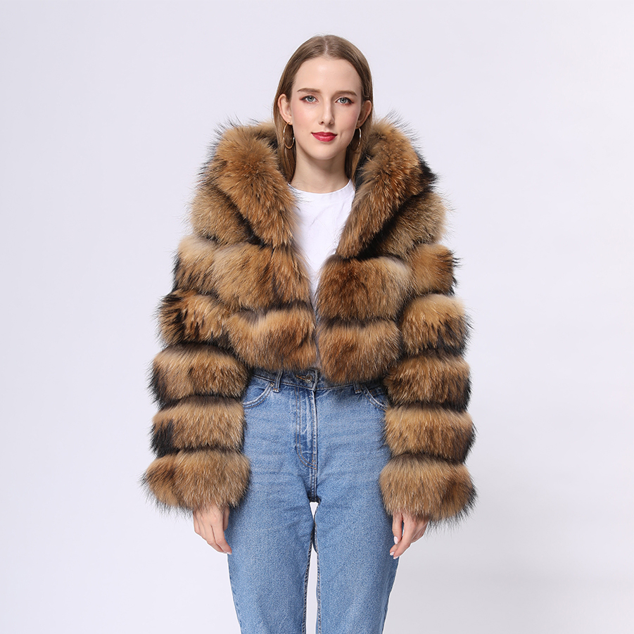 Janefur Winter Real Raccoon Fur Coat Short Style Hooded Real Raccoon Fur Coat