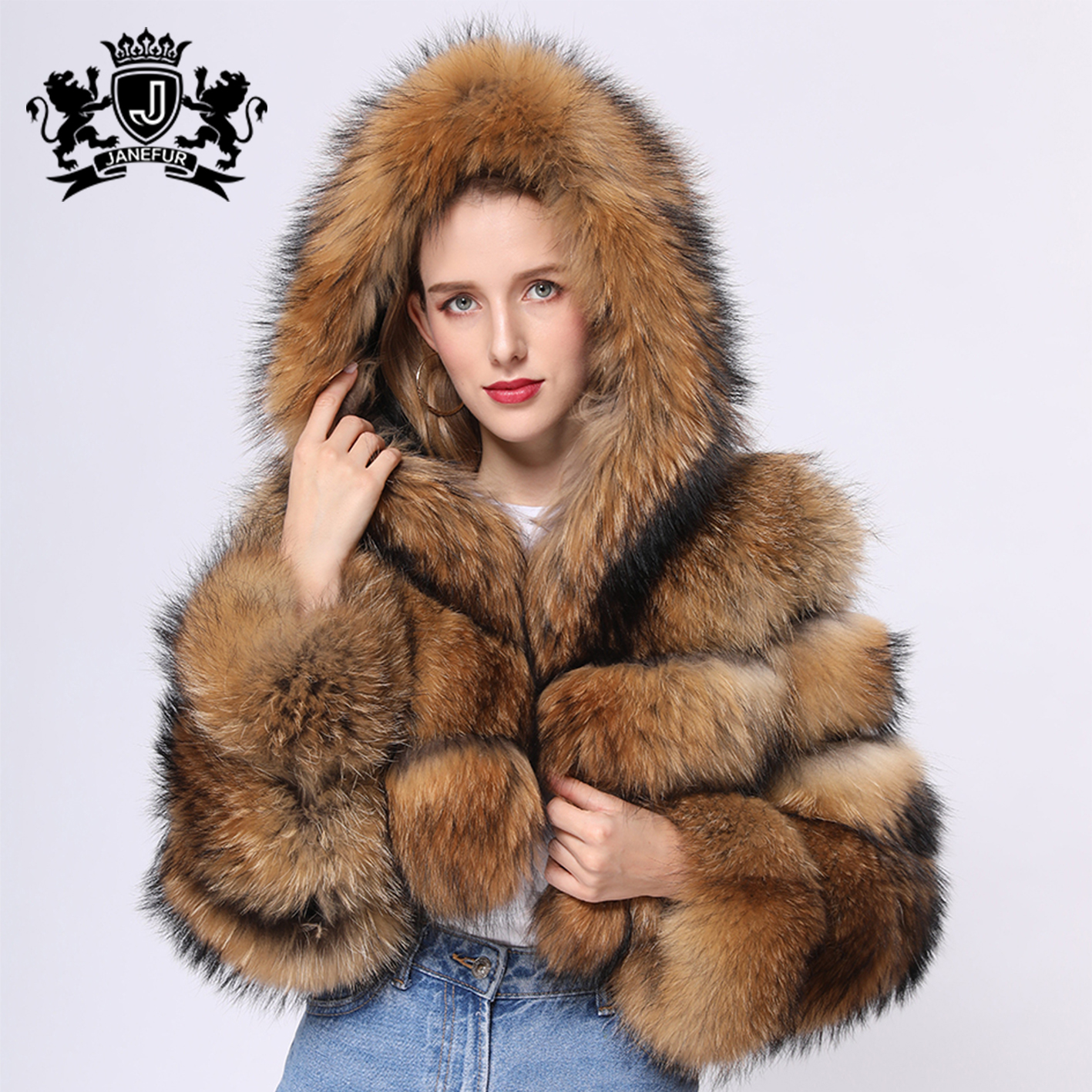 Janefur Winter Real Raccoon Fur Coat Short Style Hooded Real Raccoon Fur Coat