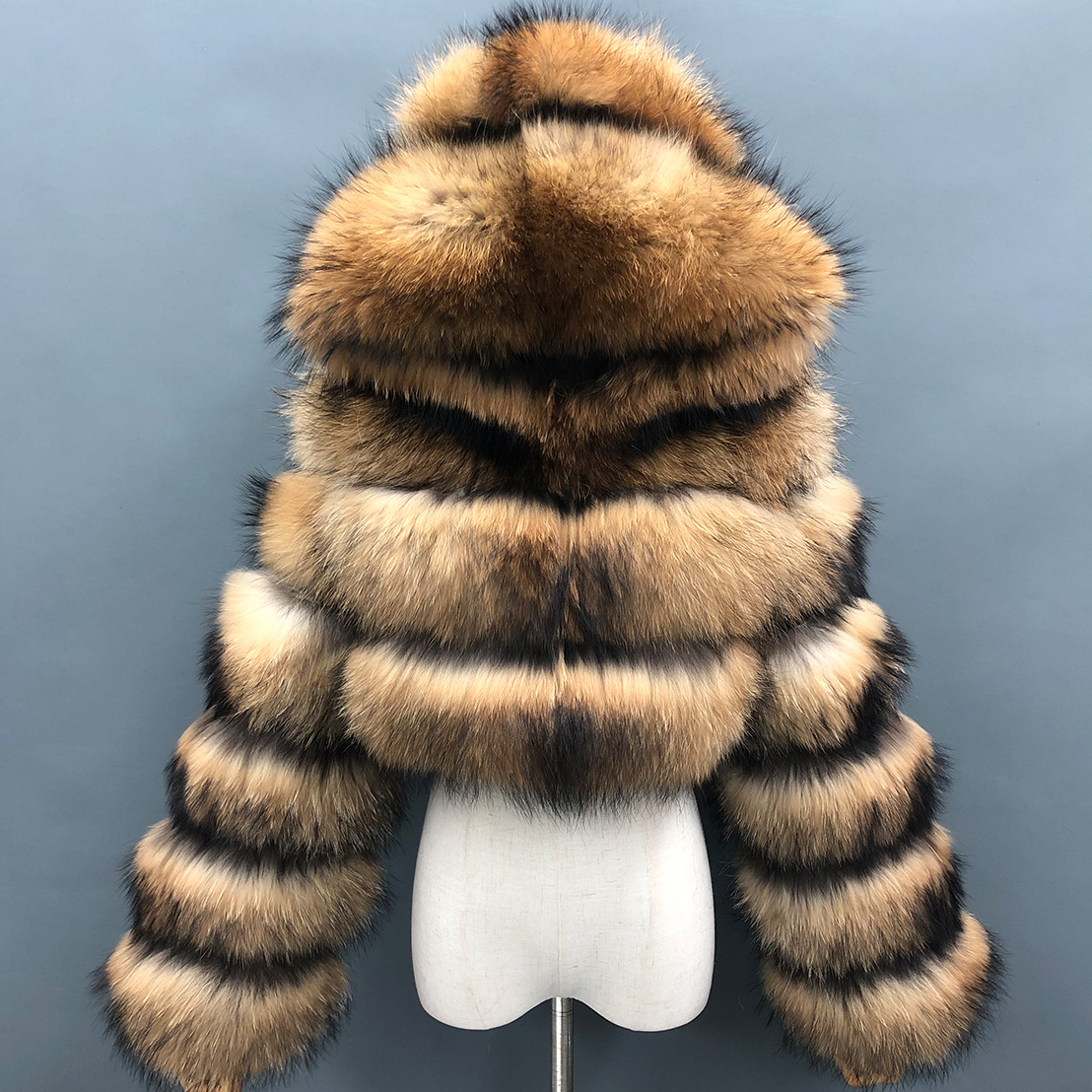 Janefur Winter Real Raccoon Fur Coat Short Style Hooded Real Raccoon Fur Coat