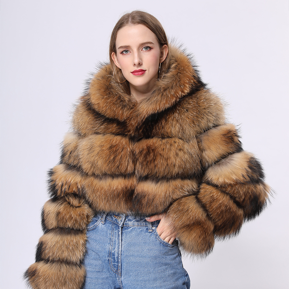 Janefur Winter Real Raccoon Fur Coat Short Style Hooded Real Raccoon Fur Coat