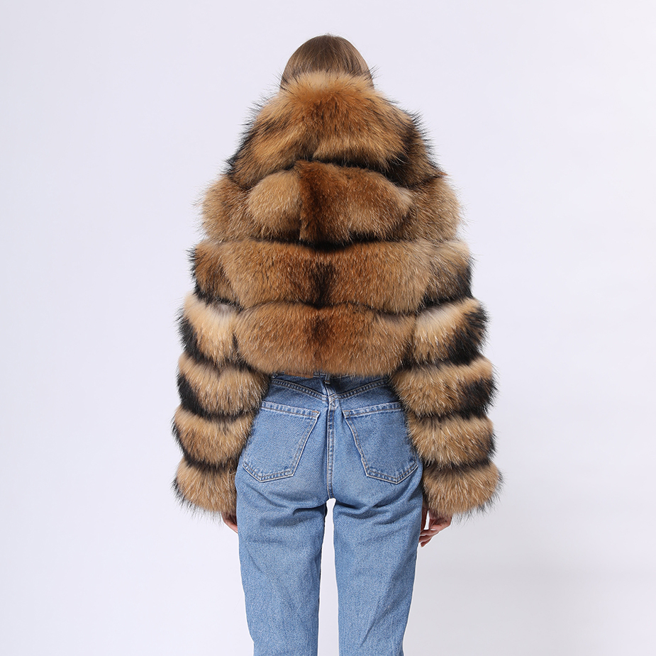 Janefur Winter Real Raccoon Fur Coat Short Style Hooded Real Raccoon Fur Coat