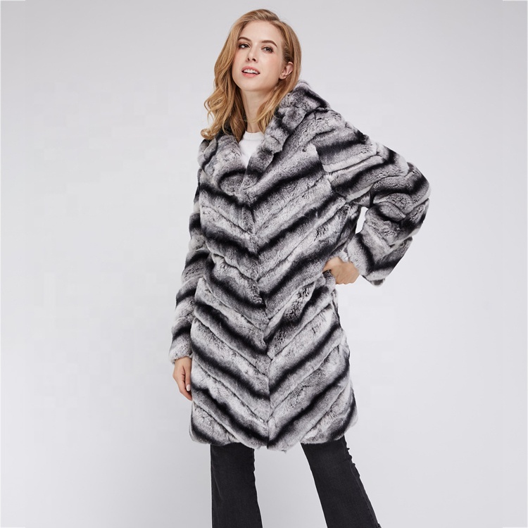 Europe Fashion Chinchilla Rex Rabbit Fur Women Long Coat