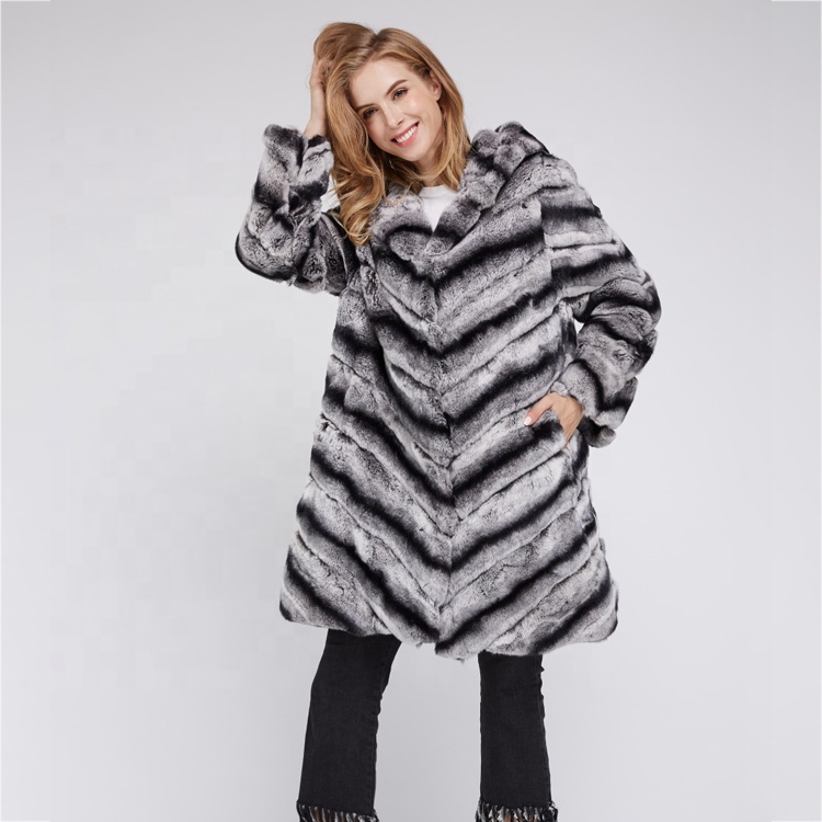 Europe Fashion Chinchilla Rex Rabbit Fur Women Long Coat