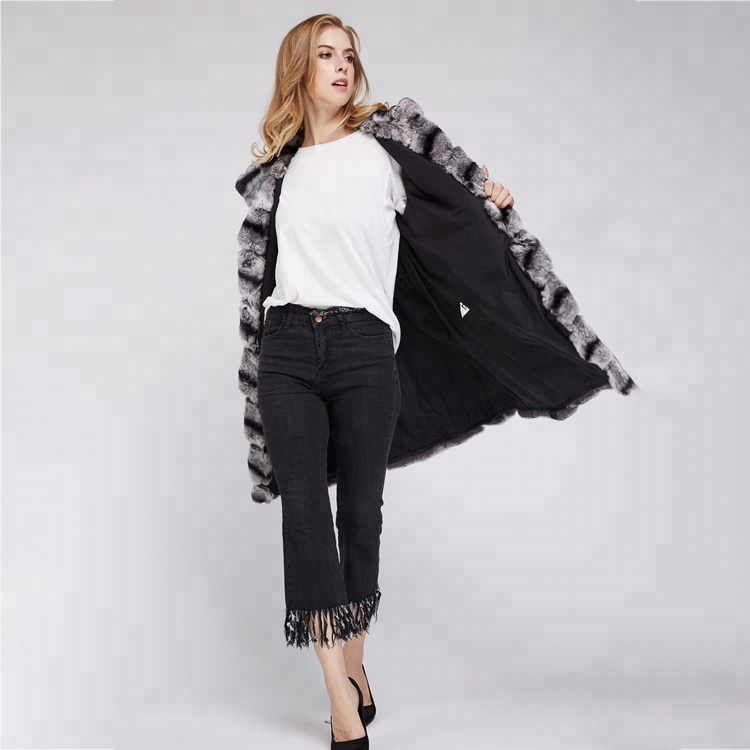 Europe Fashion Chinchilla Rex Rabbit Fur Women Long Coat