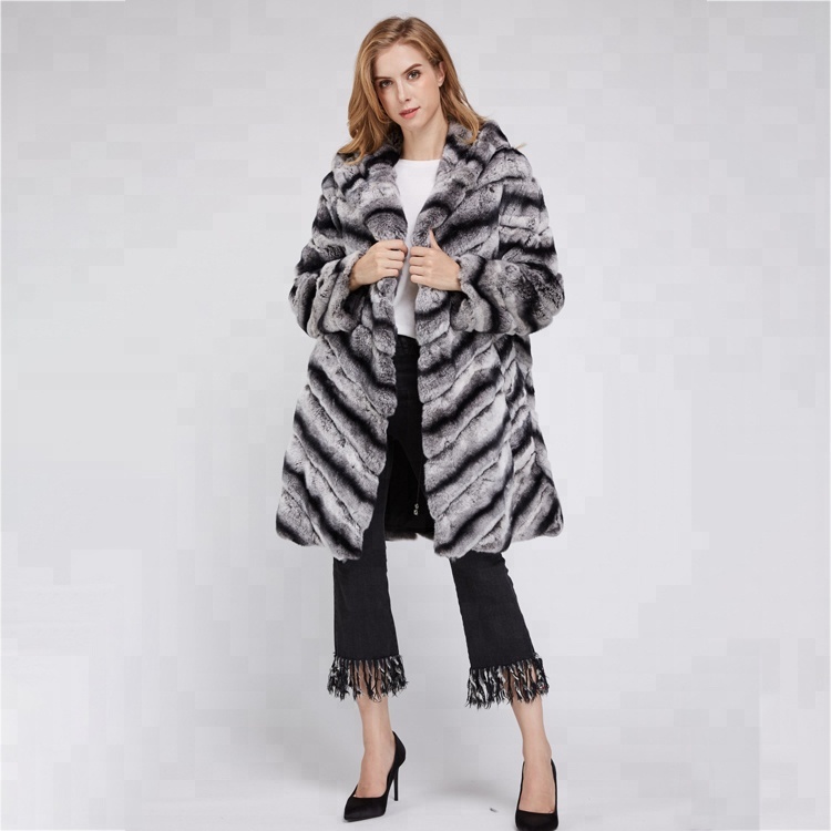 Europe Fashion Chinchilla Rex Rabbit Fur Women Long Coat