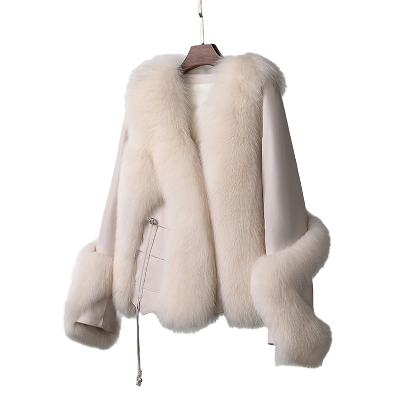 Fox fur Large fur collar Women's winter clothes keep warm Sheepskin coat White duck down included