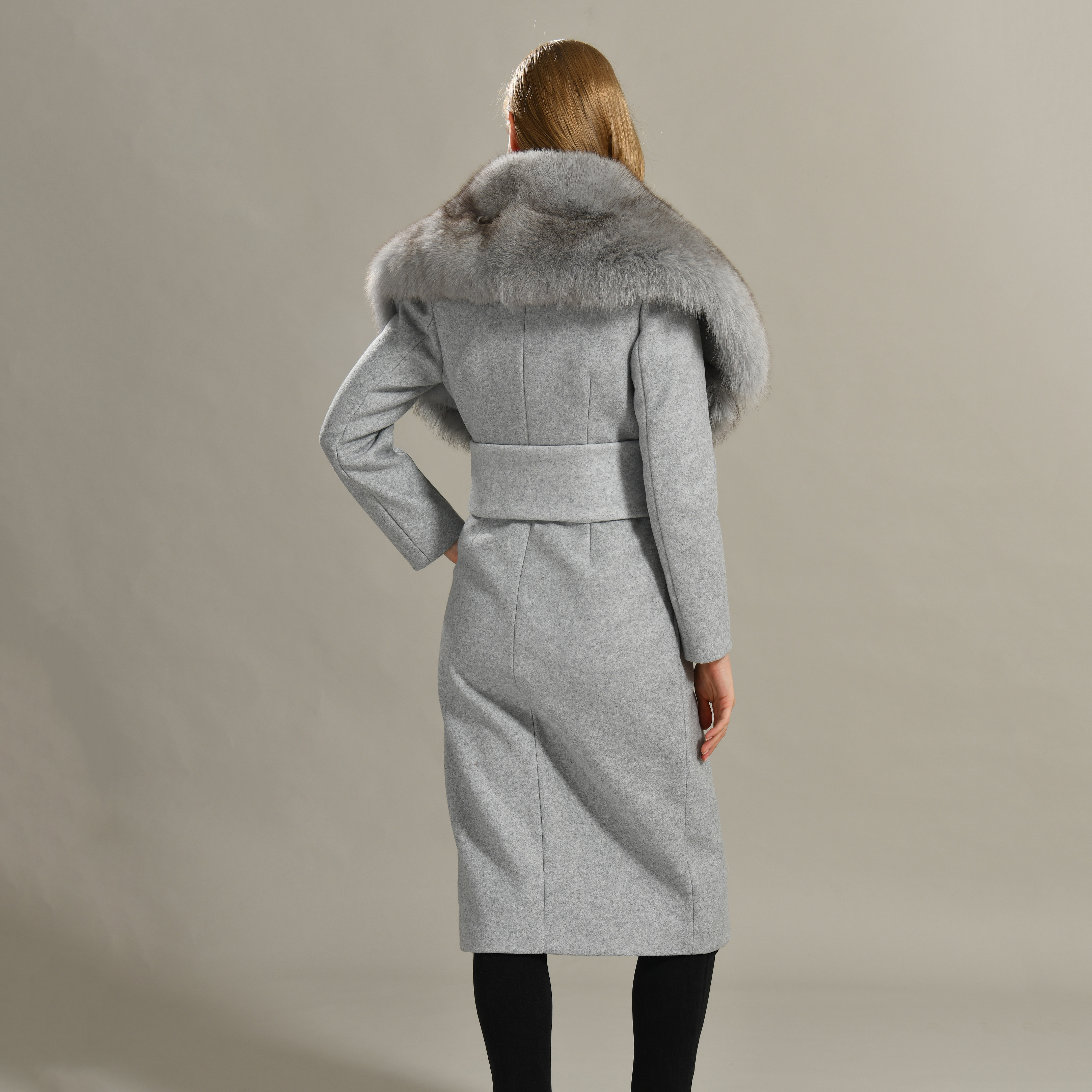 Ladies Hand Stitched Woolen Jacket Cashmere Winter Long Coat Genuine Fluffy Fox Fur Collar Woolen Co