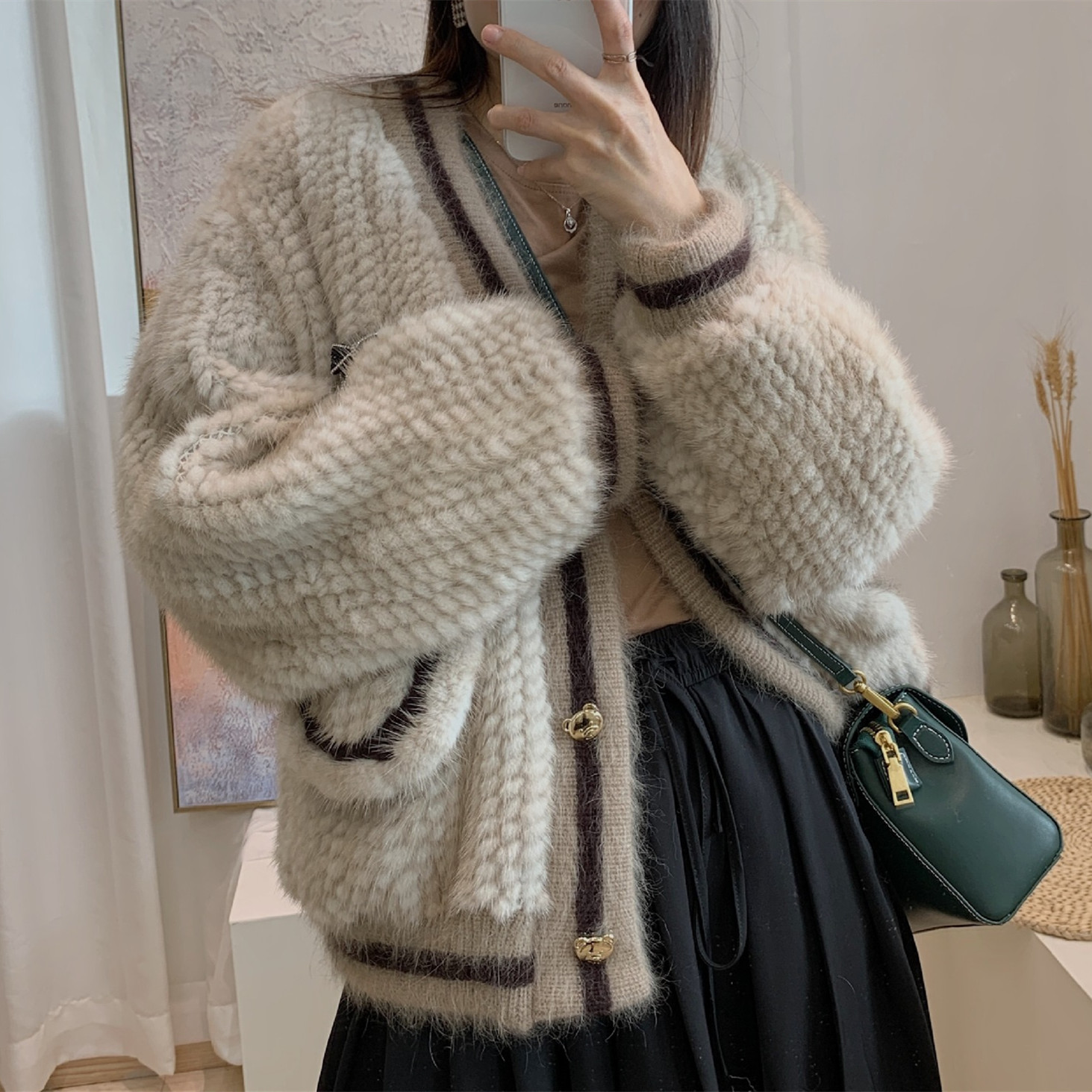 Spring And Autumn Coat Women V-Neck Feeling Soft Mink Woven Fur Cardigan Coat Women's Casual Style C