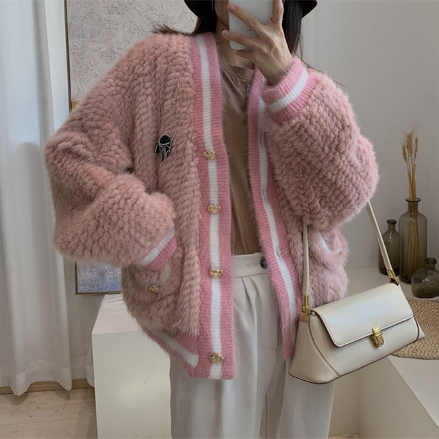 Spring And Autumn Coat Women V-Neck Feeling Soft Mink Woven Fur Cardigan Coat Women's Casual Style C