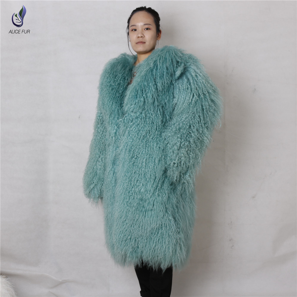 Long style Mongolian Sheep Fur Coat Jacket Overcoat fashion Women's Winter Warm tibetan lamb Fur Coa