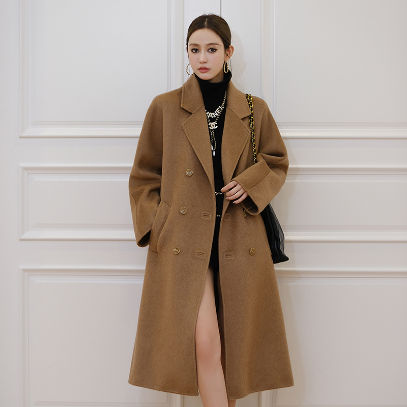 Autumn and winter retro time camel hair overcoat high sense one-piece sleeve long lace women's woole