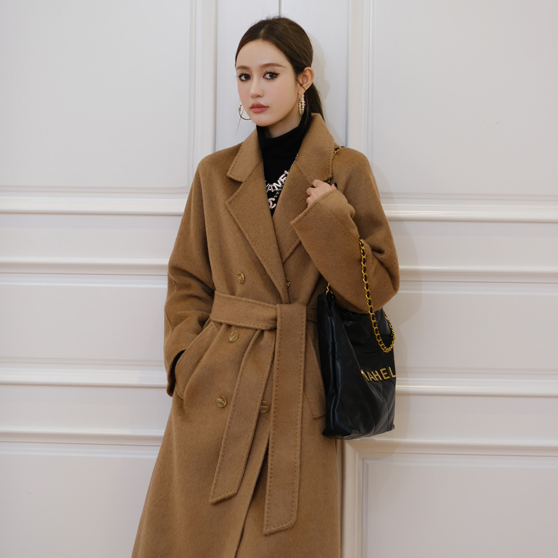 Autumn and winter retro time camel hair overcoat high sense one-piece sleeve long lace women's woole