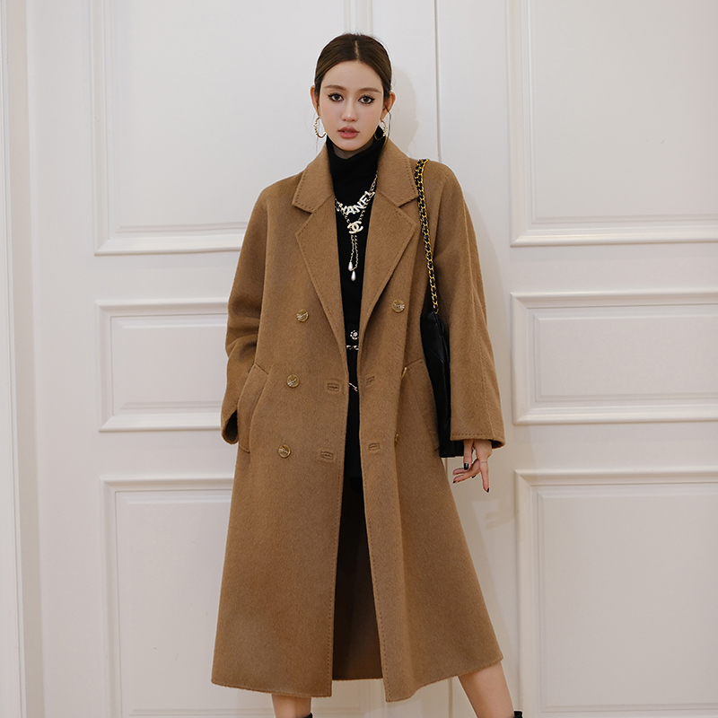 Autumn and winter retro time camel hair overcoat high sense one-piece sleeve long lace women's woole