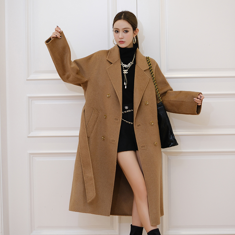 Autumn and winter retro time camel hair overcoat high sense one-piece sleeve long lace women's woole