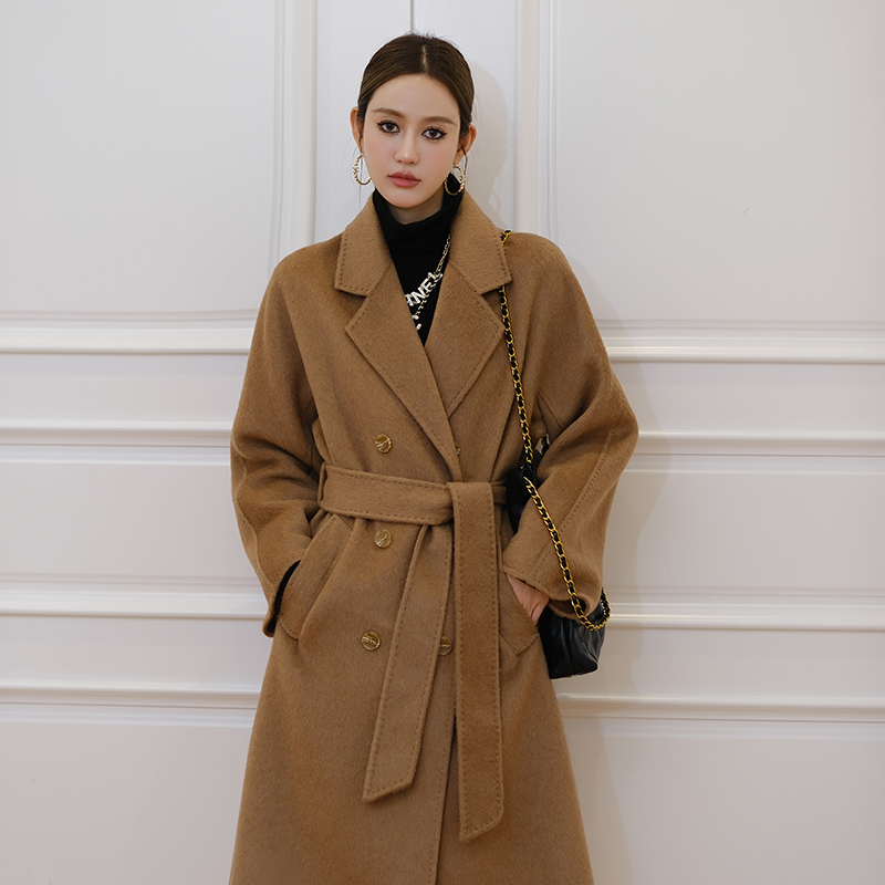 Autumn and winter retro time camel hair overcoat high sense one-piece sleeve long lace women's woole