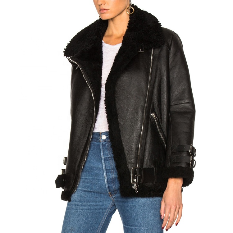 YR1002  Motorcycle lamb winter coat lined leather jacket women leather for ladies bomber fur jackets