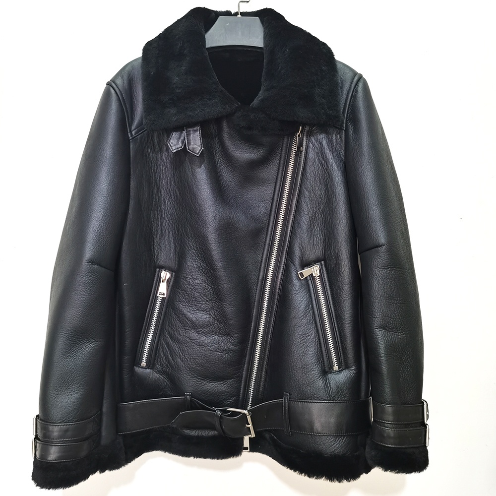 YR1002  Motorcycle lamb winter coat lined leather jacket women leather for ladies bomber fur jackets