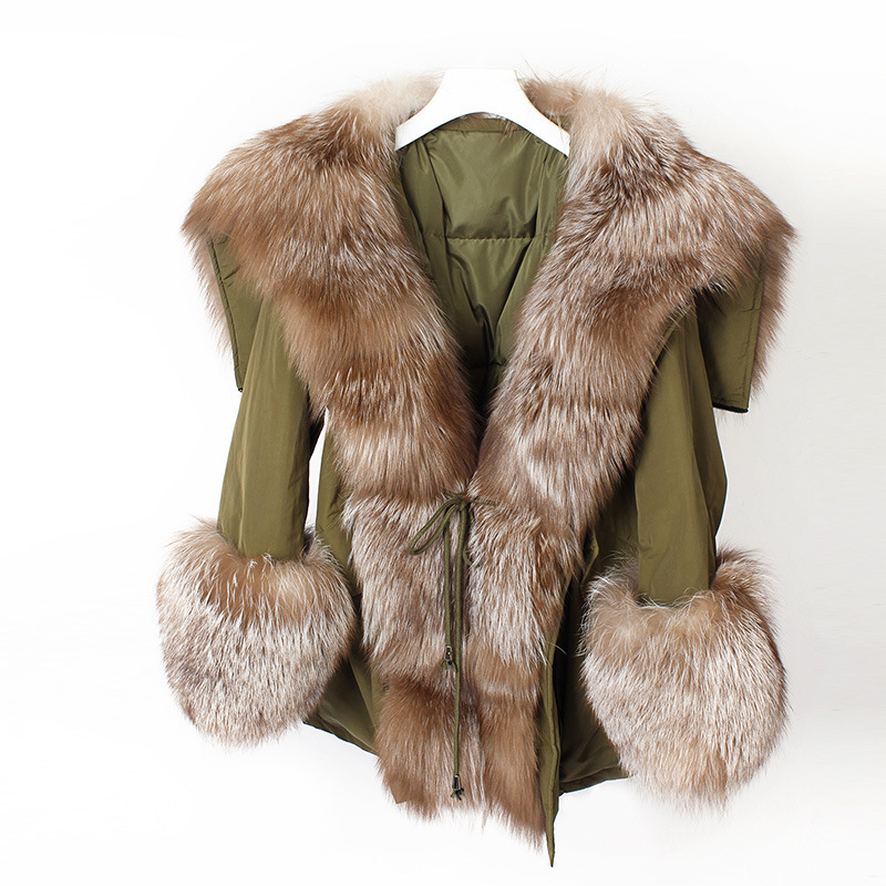 Angel style winter duck down jacket with big fur collar real raccoon fox fur trim coat for lady