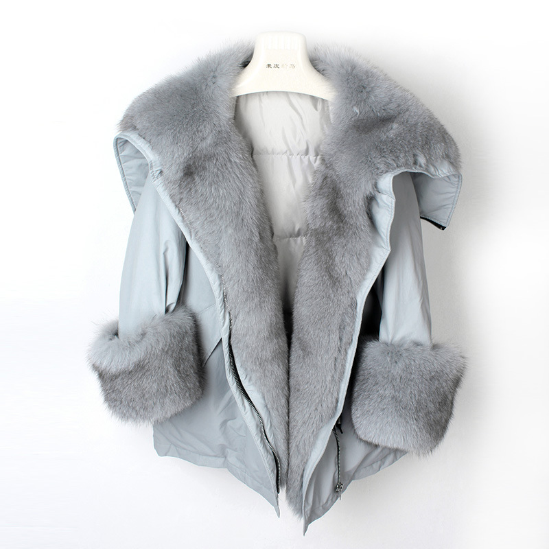 Angel style winter duck down jacket with big fur collar real raccoon fox fur trim coat for lady
