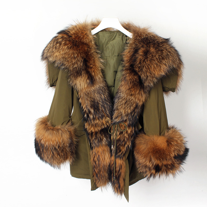 Angel style winter duck down jacket with big fur collar real raccoon fox fur trim coat for lady