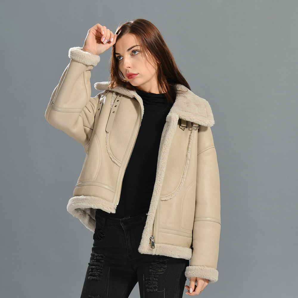 Factory Wholesale High Quality Genuine Leather Jacket With Real Warm Lamb Fur Fashion Women Black Sh