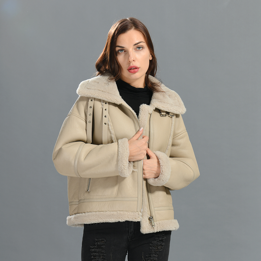Factory Wholesale High Quality Genuine Leather Jacket With Real Warm Lamb Fur Fashion Women Black Sh