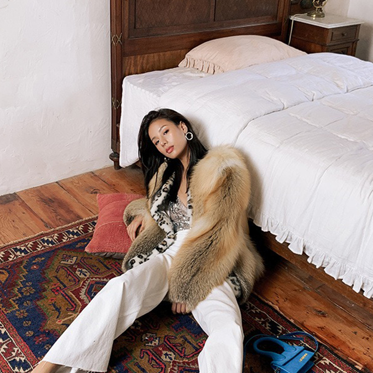 Custom luxury golden print mink fox fur coats natural color real fox fur coats women