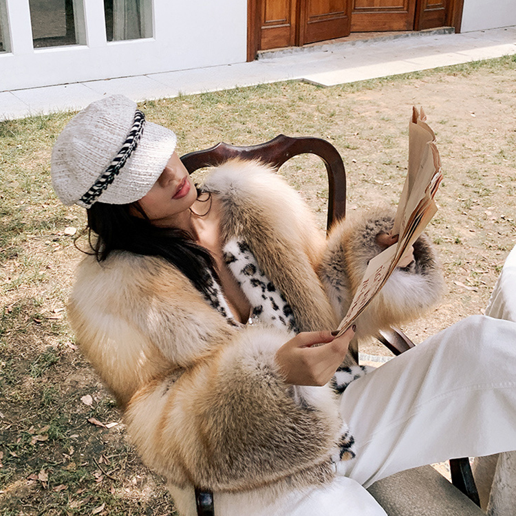 Custom luxury golden print mink fox fur coats natural color real fox fur coats women