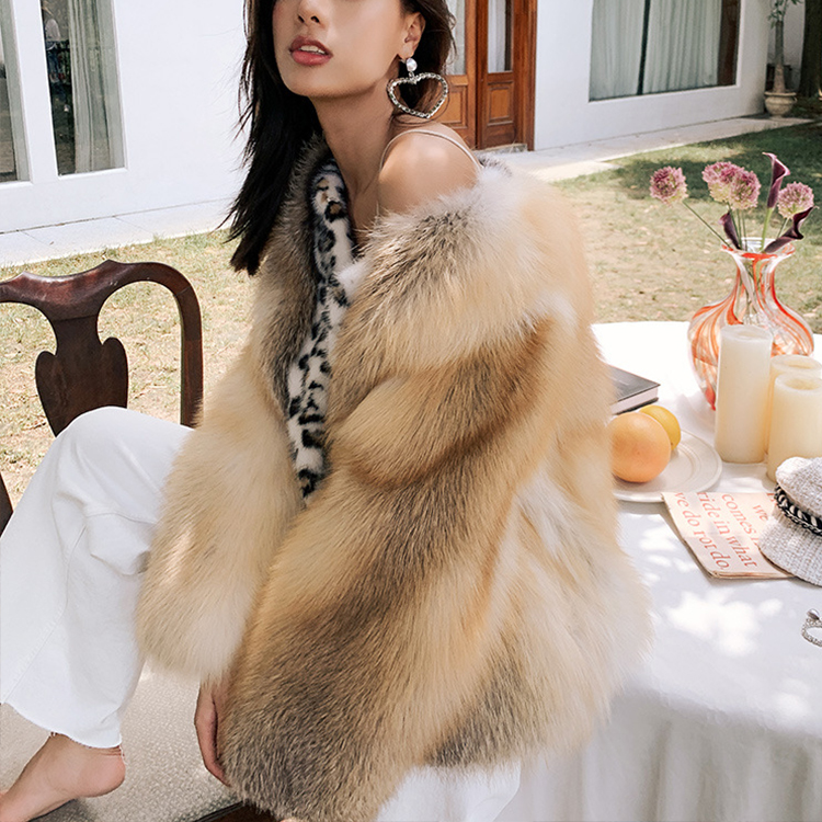Custom luxury golden print mink fox fur coats natural color real fox fur coats women