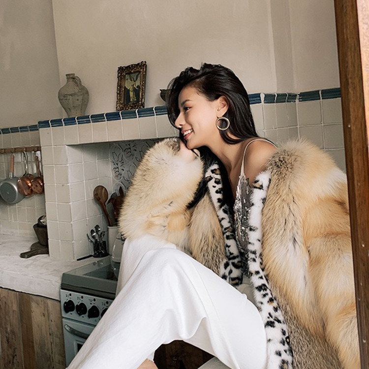 Custom luxury golden print mink fox fur coats natural color real fox fur coats women