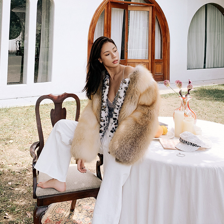 Custom luxury golden print mink fox fur coats natural color real fox fur coats women