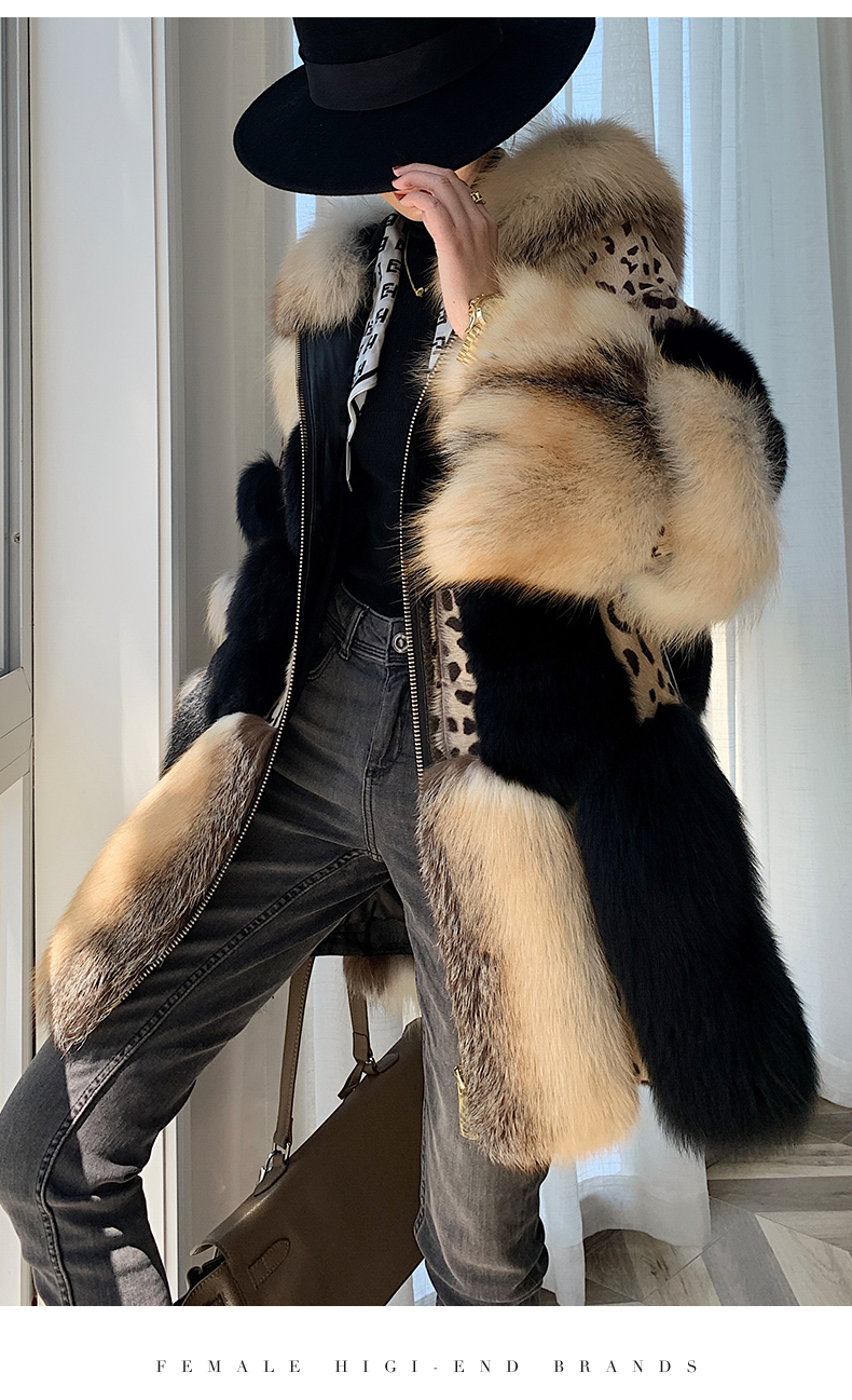 TMW luxury brown women long mink fur splicing pelliccia donna ladies fur jacket patchwork real fox f
