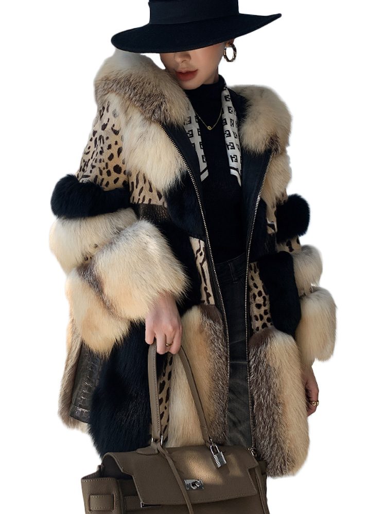TMW luxury brown women long mink fur splicing pelliccia donna ladies fur jacket patchwork real fox f