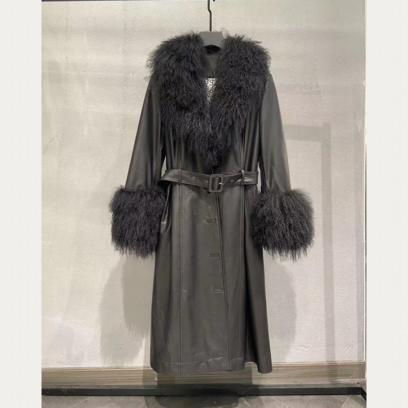 woman coat fur Wholesale Genuine Women Fox Fur Cuff Long Belt Ladies Fancy Regular Real Lambskin Lea