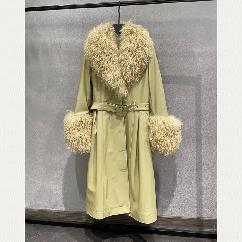 woman coat fur Wholesale Genuine Women Fox Fur Cuff Long Belt Ladies Fancy Regular Real Lambskin Lea